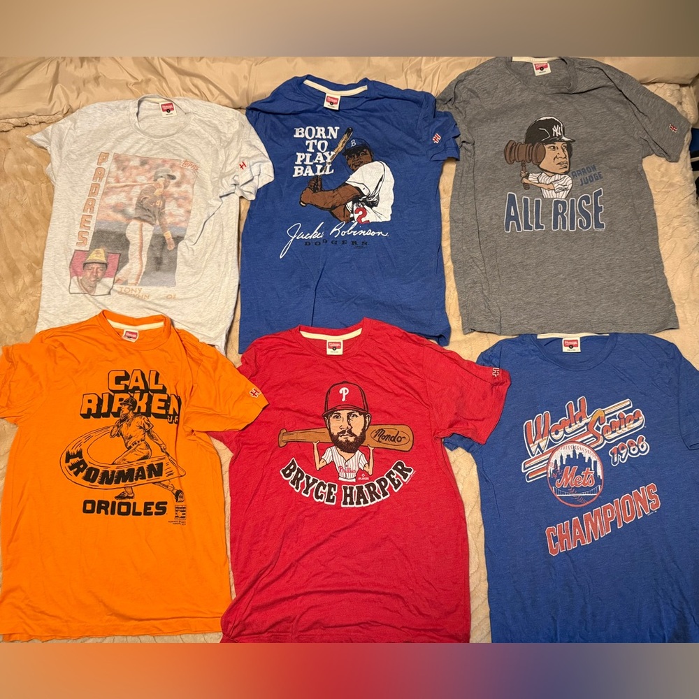 Lot of 6 HOMAGE Mens MLB Graphic Tees - Red, Orange, 2 Blue, Gray and light Gray